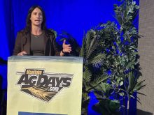 Justine Cornelson from BrettYoung Seeds speaking about verticillium at Mantioba AgDays in Brandon on Wednesday, January 22. PHOTO: Don Norman
