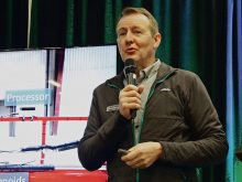 Tom Wolf discusses spot sprayers during the Crop Production Show in Saskatoon.