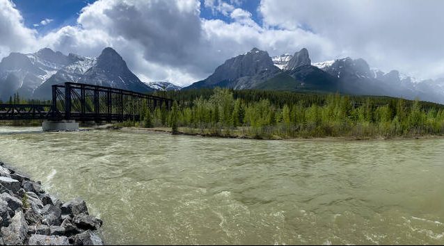 A panorama photo of the Bow River on the west side of Canmore, Alta. The Eastern Slopes form the headwaters of the Bow, Oldman and Red Deer rivers, flowing to the 
South Saskatchewan River.