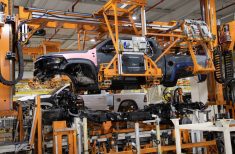 Ram 1500 pickup trucks on assembly line