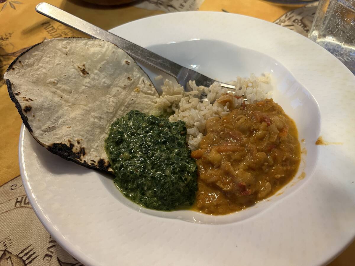 greens and chickpeas on tortilla