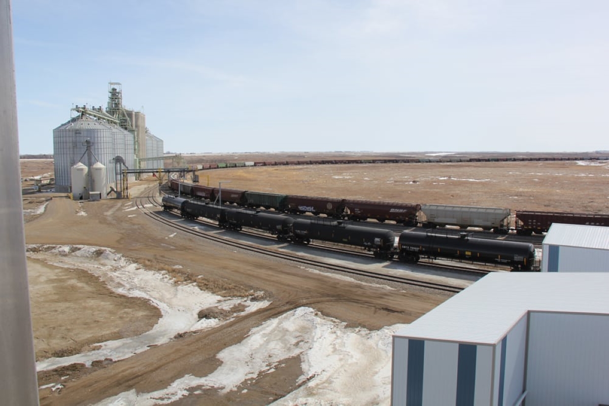 A view of Ceres Global Ag’s Northgate, Sask. facility as seen from its fertilizer shed in 2018. Photo: Lisa Guenther
