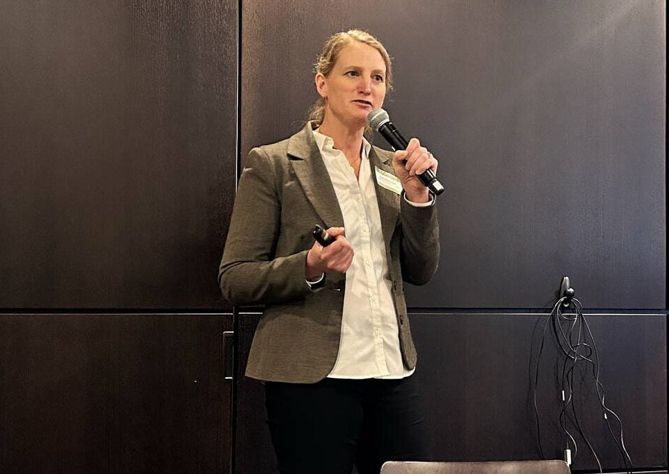 Christina Eynck from AAFC shares camelina research at Diverse Field Crops Cluster Research day 2025. PHOTO: Janelle Rudolph