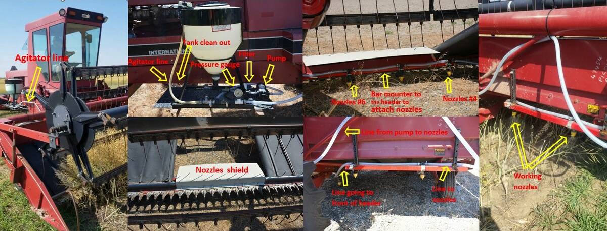 The swather that Brian Beres and his team configured for their field trials. The only difference between this version and Jim Halford's field-scale version was that the tank was on board, while Halford towed the tank behind the swather. Photos: Brian Beres.