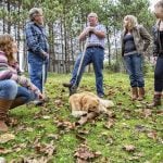 A neighbor stops to tell a story to a father and his three daughters a their dog on a fall day. TerryJ/E+/Getty Images