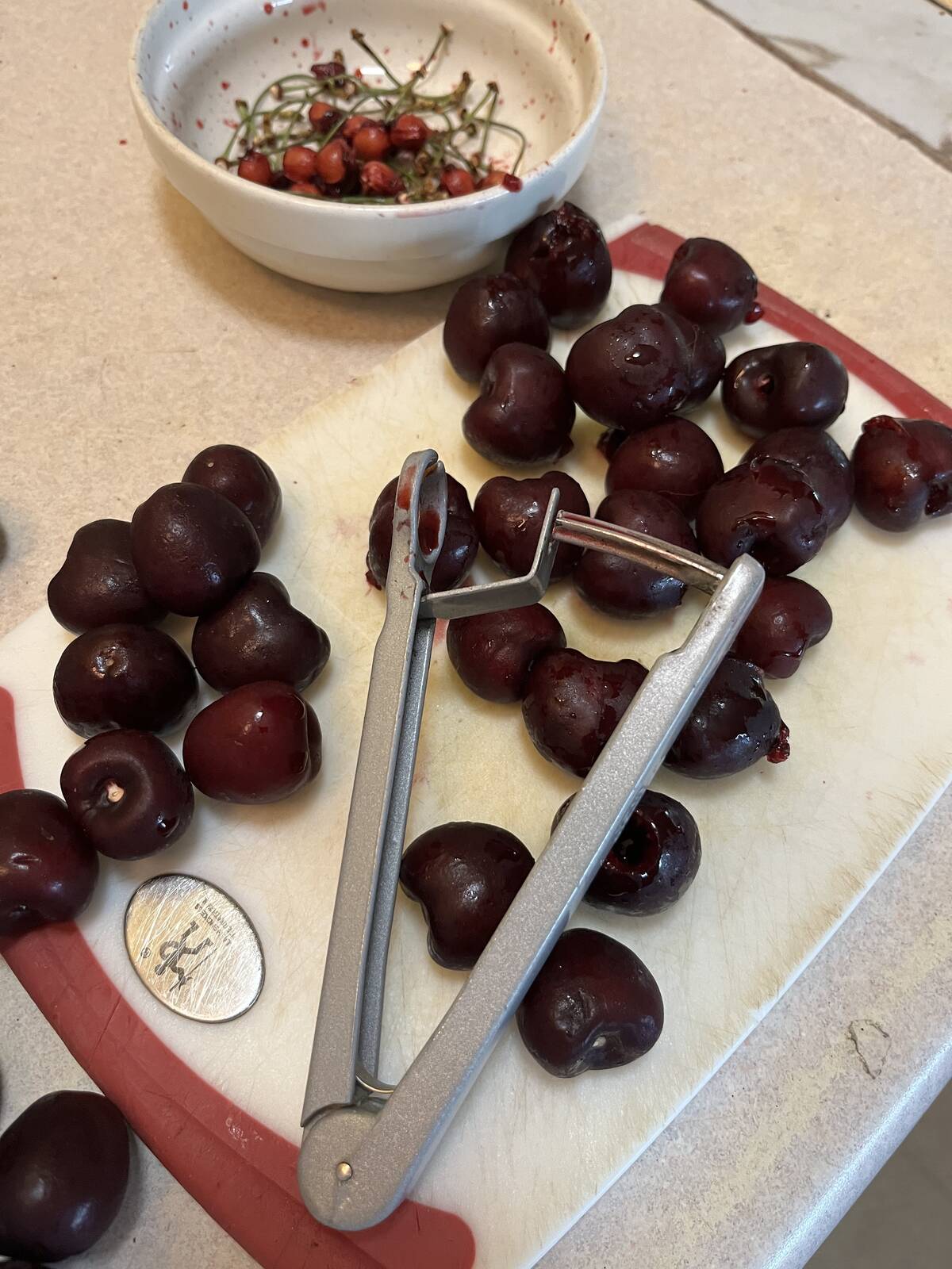 When pitting cherries, wear an apron and wash your hands, board and work surfaces promptly to prevent permanent staining.