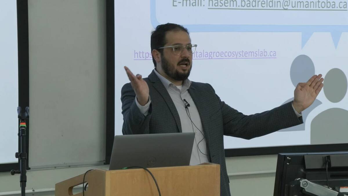 Dr. Nasem Badreldin, assistant professor in the University of Manitoba's Department of Soil Science, explains how landscapes shift through zones of stability, recovery, degradation and vulnerability during a presentation at the University of Manitoba on May 28, 2025. Photo: Webinar screenshot.