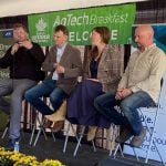 Panellists talk about how connections to farmers help make sure their products will resonate. Jesse Wiebe, left, moderated the panel that included Colin Yates, left, Shari van de Pol and Matt Stevens. Photo: John Greig
