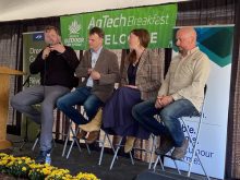 Panellists talk about how connections to farmers help make sure their products will resonate. Jesse Wiebe, left, moderated the panel that included Colin Yates, left, Shari van de Pol and Matt Stevens. Photo: John Greig