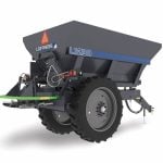 Loftness L1230 fertilizer and lime spreader, a dark-grey two-wheel tow-behind implement