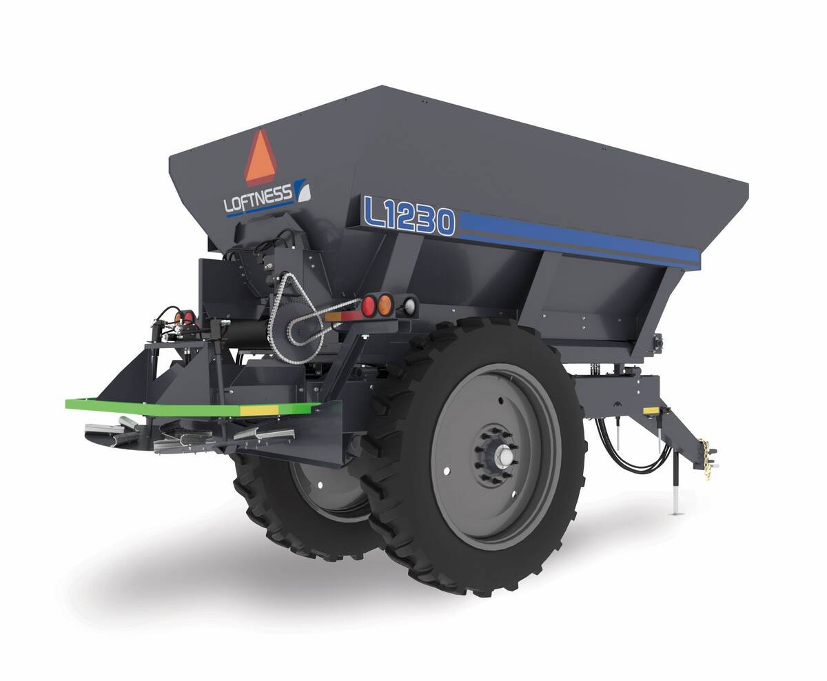 Loftness L1230 fertilizer and lime spreader, a dark-grey two-wheel tow-behind implement