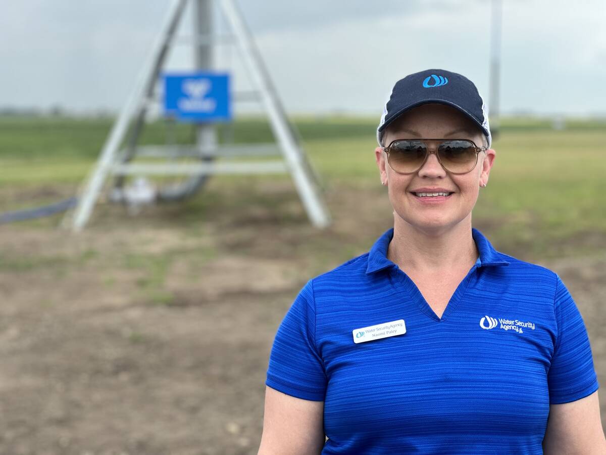 The Water Security Agencies drainage extension manager, Naomi Paley, in front of the group's irrigation demonstration at Ag in Motion 2025, near Langham Sask. PHOTO: Don Norman
