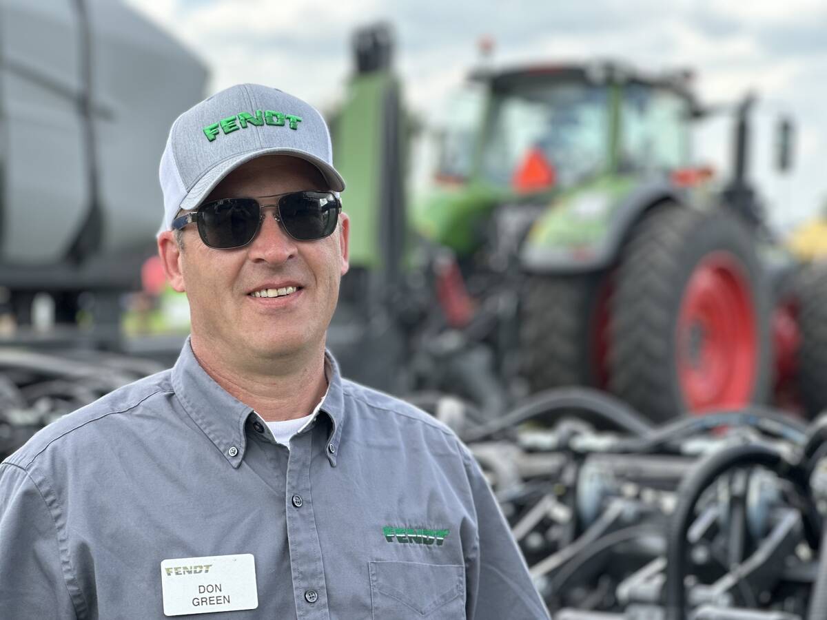 AGCO's Don Green at Ag in Motion 2025, in Langham Sask. Green said canola trials have shown that planted canola can produce more plants per acre with a lowered seeding rate, than seeded canola. PHOTO: Don Norman