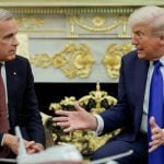 U.S. President Donald Trump and Canada’s Prime Minister Mark Carney meet in the Oval Office at the White House in Washington, D.C., U.S., October 7, 2025. REUTERS/Evelyn Hockstein
