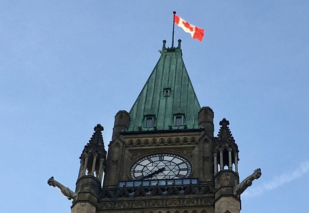 A Canadian flag flies at the top of one of the Parliament buildings in Ottawa. Photo: File
