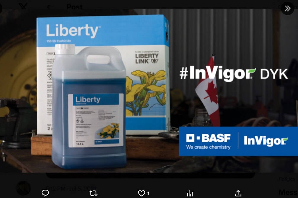 The Pest Management Regulatory Agency began reviewing the safety of Liberty, a BASF herbicide, in 2018. 
The timeline for the review has been extended, multiple times, and won't be done until 2027 | X screenshot