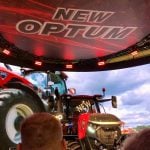 Case IH&#8217;s new Optum 440 tractor moments after the curtain was dropped on the first day of Agritechnica 2025, on November 9, in Hannover, Germany.  Photo: Greg Berg
