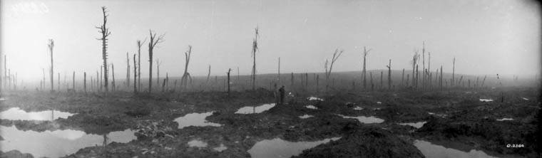 A photograph of the muddy fields at Passchendaele in November 1917. Photo: William Rider-Rider, Library and Archives Canada/PA-040139