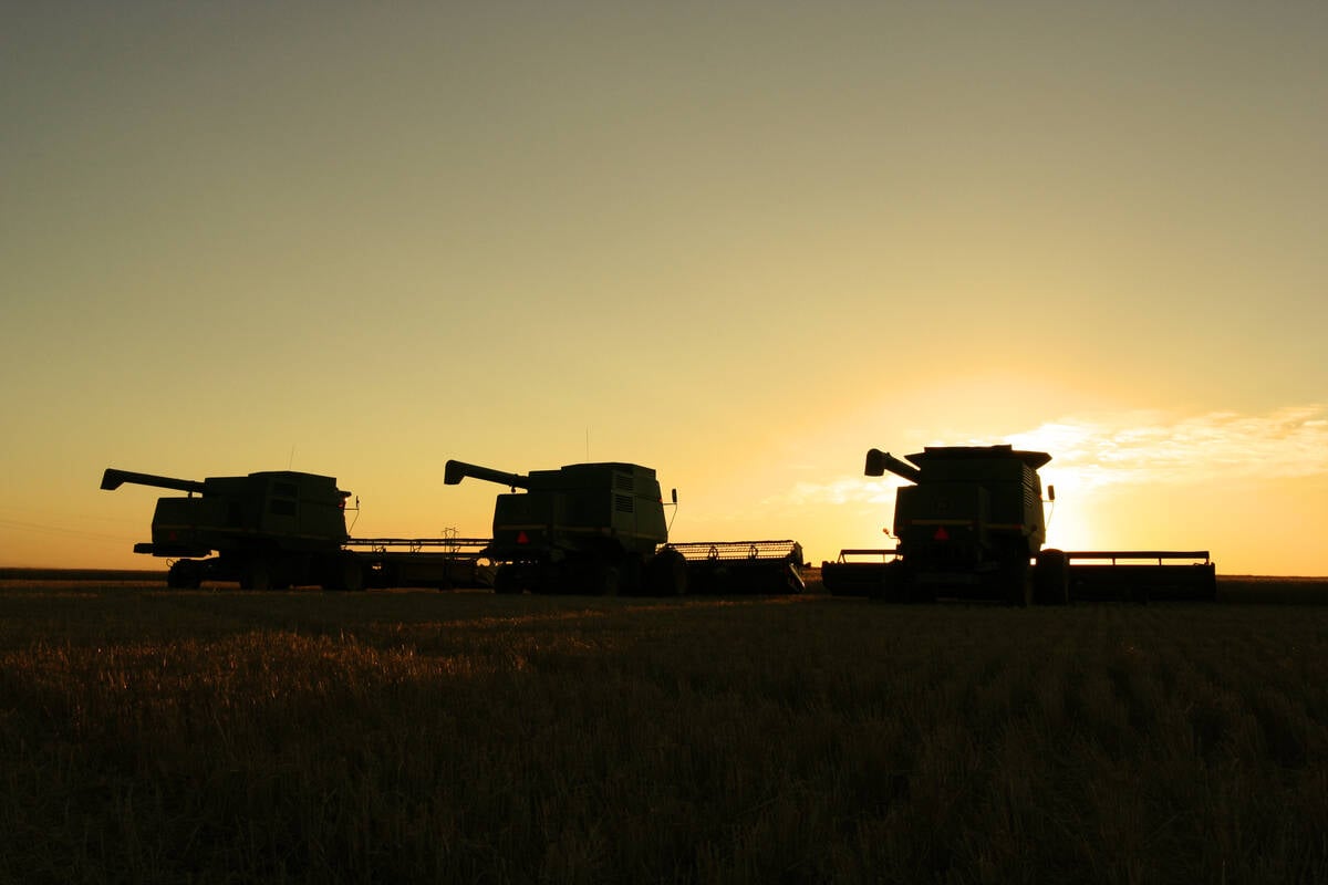 Three combines silhouetted against setting sun in Saskatchewan field. This agricultural picture was taken near Milden, Saskatchewan. The combine augers protrude from the machines, while the sun shines through the headers. The sky is clear, with a few wispy clouds to the right.