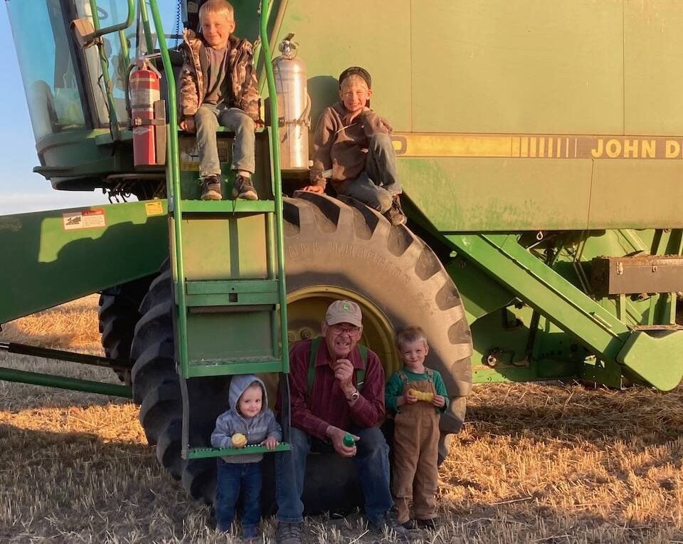Grandpa poses for an end of harvest picture with his 2025 harvest crew. Photo: Heather Eppich