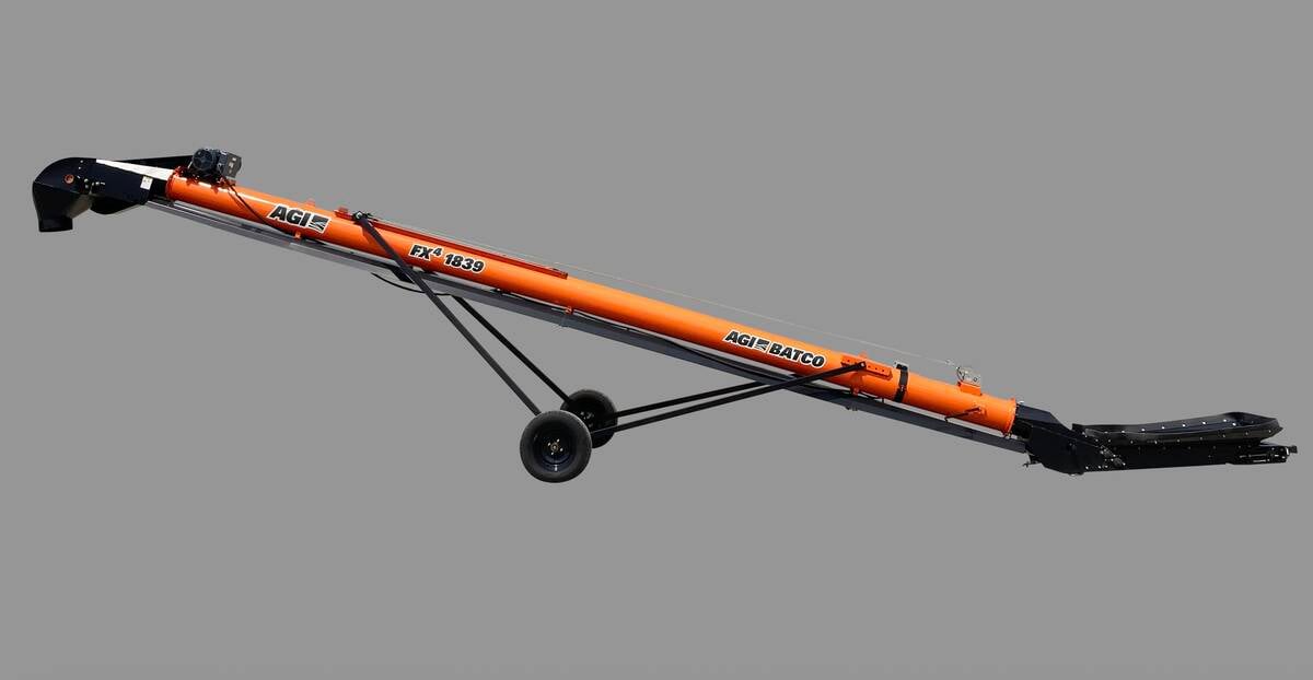 The gas-powered FX4 SP conveyor from AGI uses a 37-horsepower Vanguard gas engine and moves grain through a 10-inch barrel. Photos: AGI