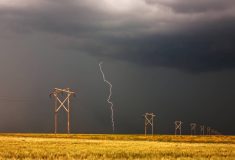 Lightning striking behind Saskatchewan power line. Photo: Bobloblaw/iStock/Getty Images
