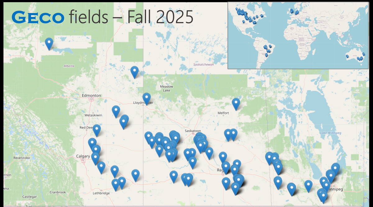 [OPTIONAL] Geco&rsquo;s field footprint in fall 2025, with most mapped acres clustered in Saskatchewan and Alberta. Credit: Geco