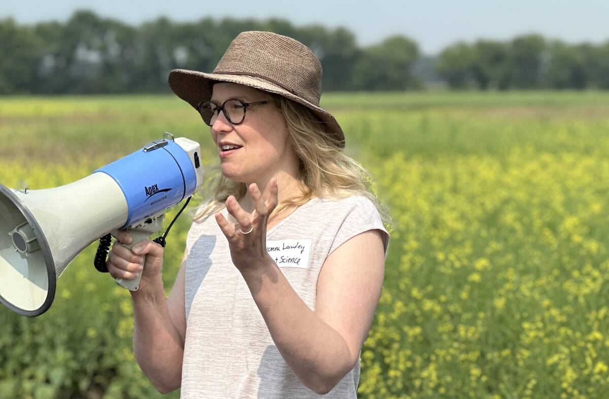 University of Manitoba agronomist Yvonne Lawley discusses flea beetle suppression using cover crops at a U of M field day in Carman. While the method shows promise, she says it’s not ready for widespread adoption.
