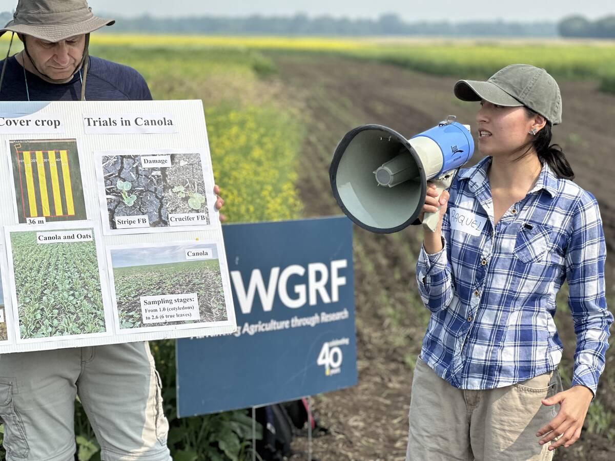 University of Manitoba graduate students Aleksander Zashev and Raquel Chinchin Talavera, members of Alejandro Costamagna’s entomology lab, walk farmers through the study’s results at the U of M field day in Carman.