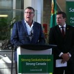 FILE PHOTO: Saskatchewan premier Scott Moe, left, and Kody Blois, parliamentary secretary to the prime minister, participate in a press conference following trade discussions in August 2025. Photo: Janelle Rudolph
