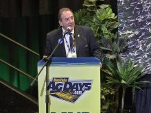 Manitoba Agriculture Minister Ron Kostyshyn announces changes to the 2026 agricultural insurance programs at Manitoba Ag Days in Brandon on Jan. 20, 2026. Photo: Miranda Leybourne