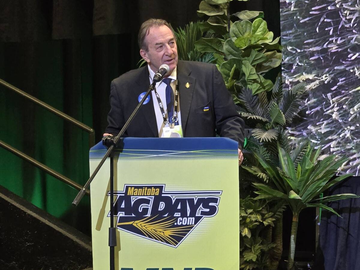 Manitoba Agriculture Minister Ron Kostyshyn announces changes to the 2026 agricultural insurance programs at Manitoba Ag Days in Brandon on Jan. 20, 2026. Photo: Miranda Leybourne