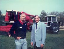 Neil Armstrong (at right, with Murray Mills) attended a White Farm Equipment dealer gathering in Arizona in 1985 to promote the launch of the company's 9320 combine. (Editor's note: this caption has been corrected from the Dec. 31, 2025 print edition; see below.) Photos: Supplied