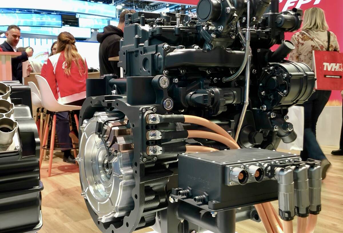 FPT’s F28 hybrid concept engine on the show floor at Agritechnica 2025, in Hanover, Germany. Photo: Greg Berg