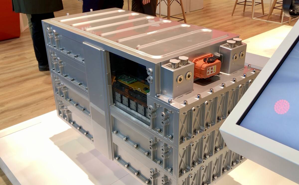 FPT&rsquo;s Forma modular battery pack concept on the show floor at Agritechnica 2025, in Hanover, Germany.  Photo: Greg Berg