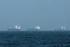 Tankers sit at anchor near the Strait of Hormuz. Disruptions in this vital trade route, combined with export caps in Russia, have severely constrained global supply, forcing Canadian farmers to face significantly higher fertilizer prices just as planting begins. Photo: Reuters/Amr Alfiky/file
