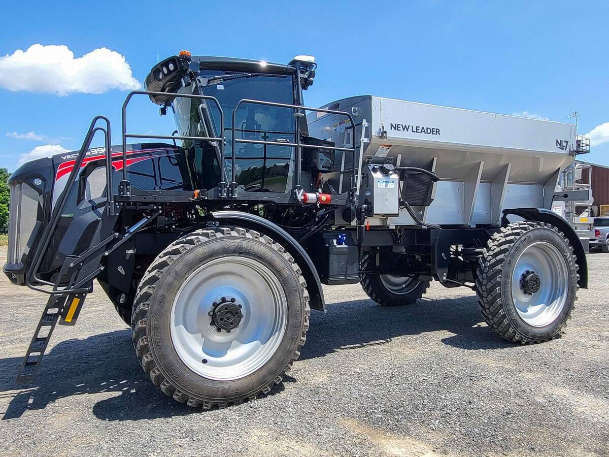 Benjamin Boelter, director, product development with New Leader calls the NL710 applicator “a high-precision, high-output, wide fertilizer spreader that is user-friendly and low-maintenance.” PHOTO: NEW LEADER