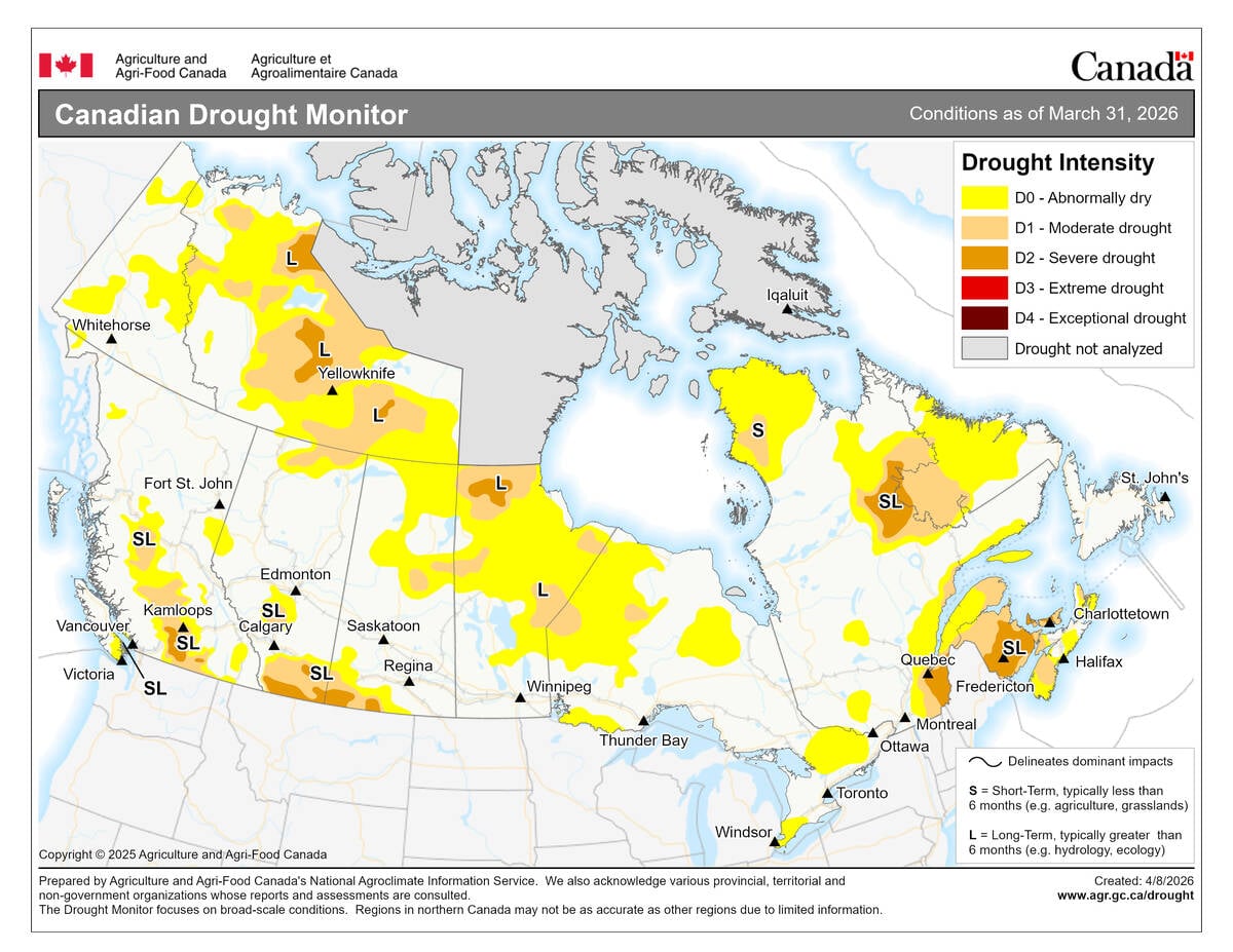 The March 2026 drought monitor map. Photo: Agriculture Agri-Food Canada
