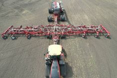 A directly-overhead shot of the one hundred-foot Morris Quantum air seeder with Morris 10 Series 1440 bushel air cart.