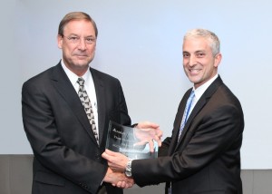 Barry Batcheller, chairman and CEO of Appareo Systems (left) and Eric Hansotia, senior vice president, global harvesting, Advanced Technology Solutions at AGCO