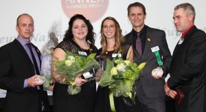 From left, Andrew and Heidi Lawless of PEI and Jill and Mryon Krahn of Carmen, MB are shown with OYF president Jack Thomson at awards ceremony in Quebec.
