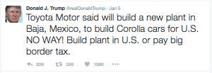 This tweet posted by Donald Trumps immediately caused Toyota's share price to drop dramatically.